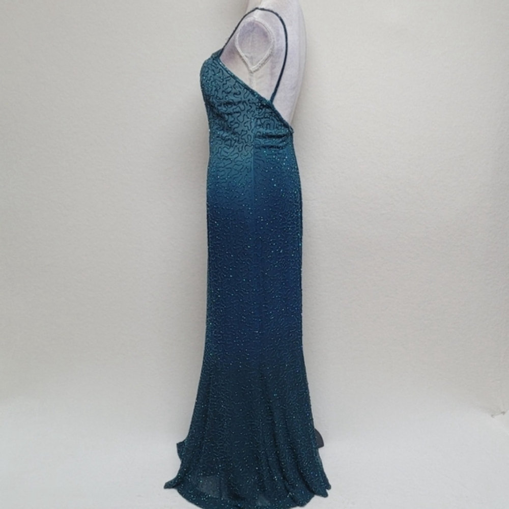 Laurence Kazar 90s Vintage Teal Ombre Beaded Silk Backless Maxi Formal Dress 8 - Picture 6 of 12